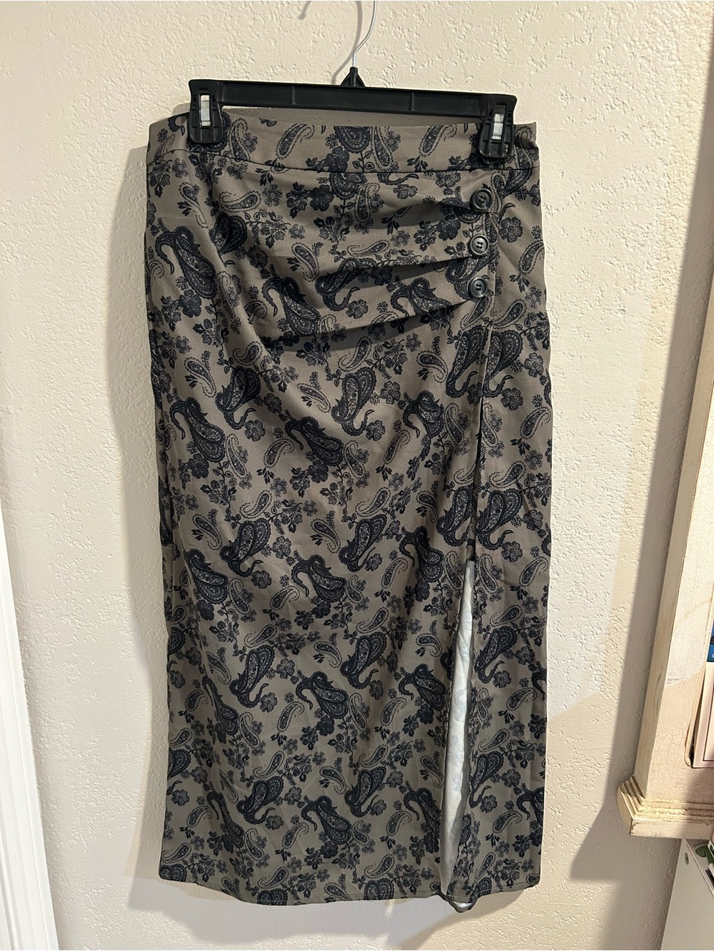 Women's Taupe Paisley Midi Skirt with Side Buttons